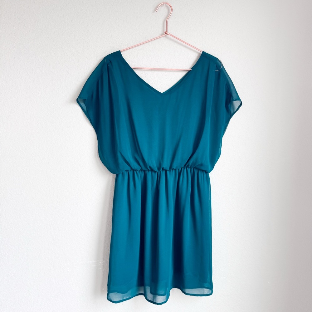 Lush Hunter Green Chiffon Mini Dress V Neck Flowy Cocktail Wedding Guest M - Picture 2 of 6